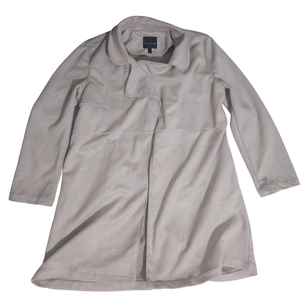 Buckle Black Womens Light Grey Faux Suede Open Front Trench Coat Jacket Large